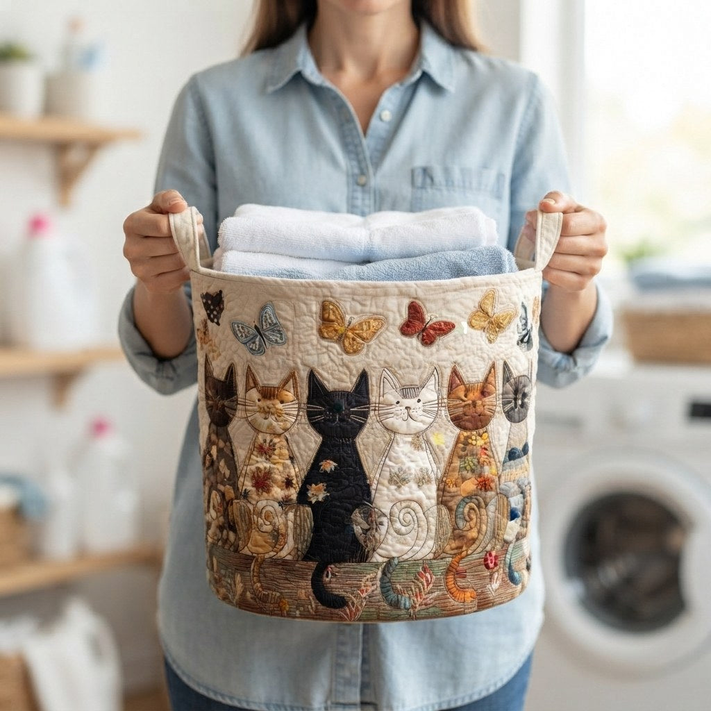 Une personne en chemise bleue tient le panier par ses deux poignées, rempli de serviettes pliées, dans une buanderie. 3