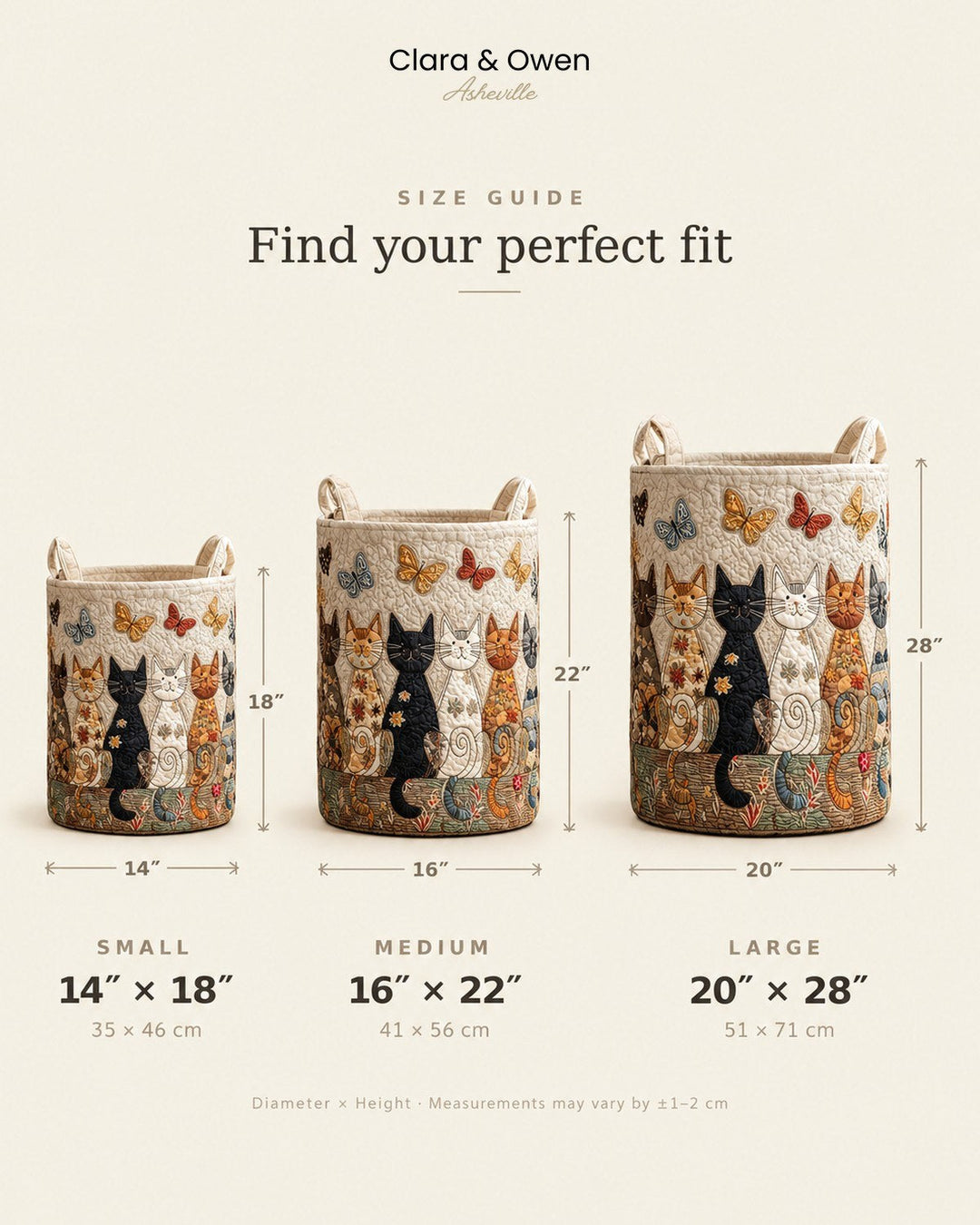 Schéma comparant trois tailles de panier, petit, moyen et grand, avec leurs dimensions en pouces et en centimètres. 5