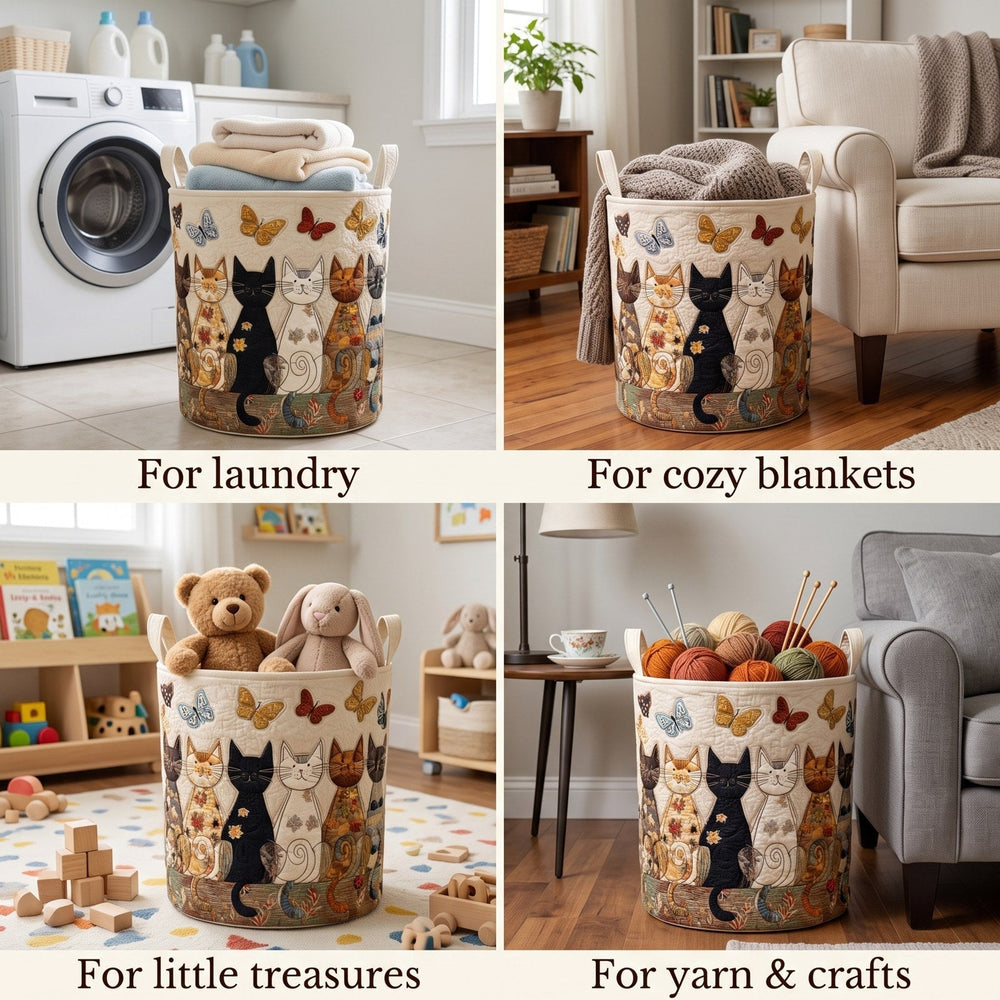 Montage de quatre scènes montrant le panier rempli de linge, de plaids, de peluches et de pelotes de laine. 2