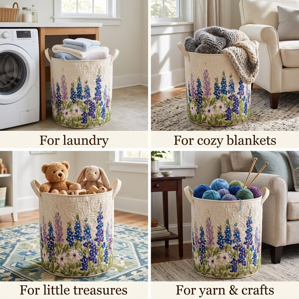 Montage de quatre usages du panier brodé : rangement du linge, plaids, jouets d'enfant et pelotes de laine avec aiguilles à tricoter. 2