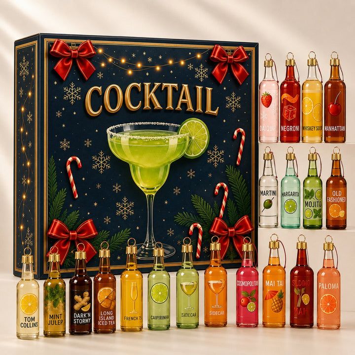 Coffret bleu nuit à nœuds rouges entouré de ses bouteilles miniatures colorées alignées, fond clair 1
