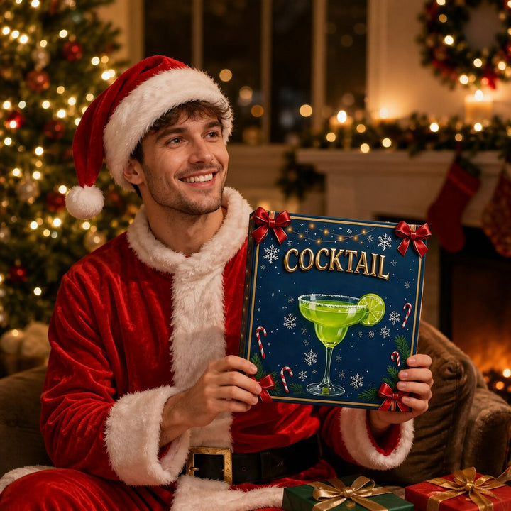Homme en costume de père Noël souriant tient le coffret devant le sapin et la cheminée 3