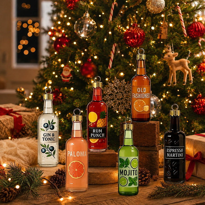 Six bouteilles décoratives de cocktails posées sur des blocs de bois au pied d'un sapin de Noël 4