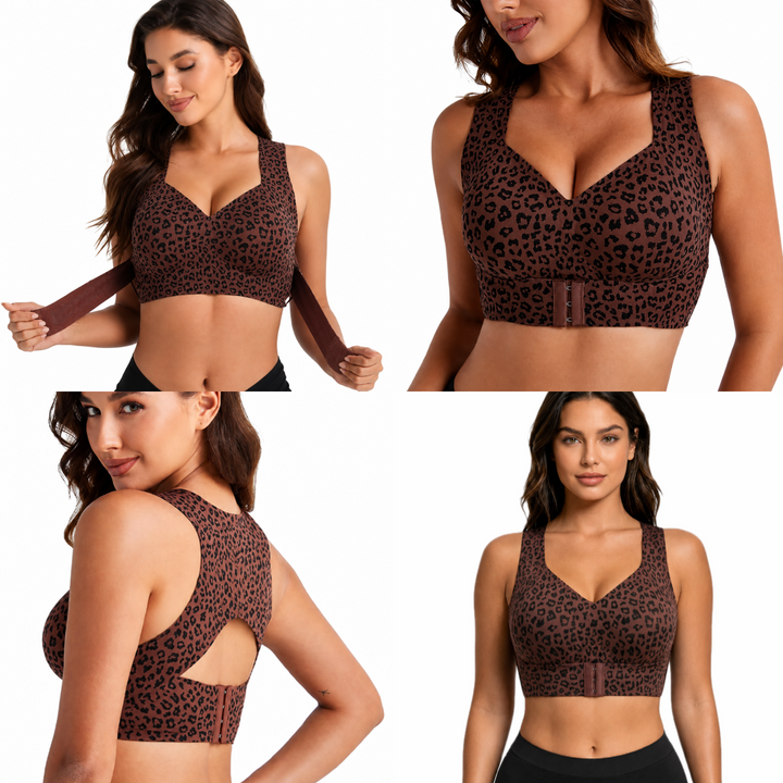 Quatre vues d'un mannequin portant le soutien-gorge à motif léopard marron, de face, de dos, en gros plan et avec la bande élastique tirée. 8