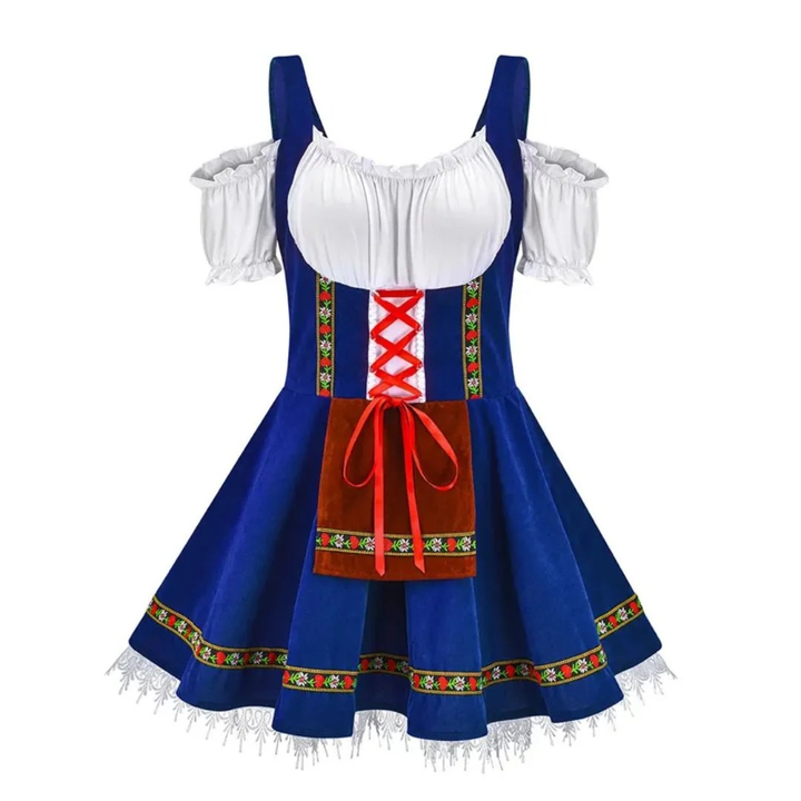Version bleu roi de la robe dirndl, avec lacet rouge, tablier marron et bordure de dentelle 2
