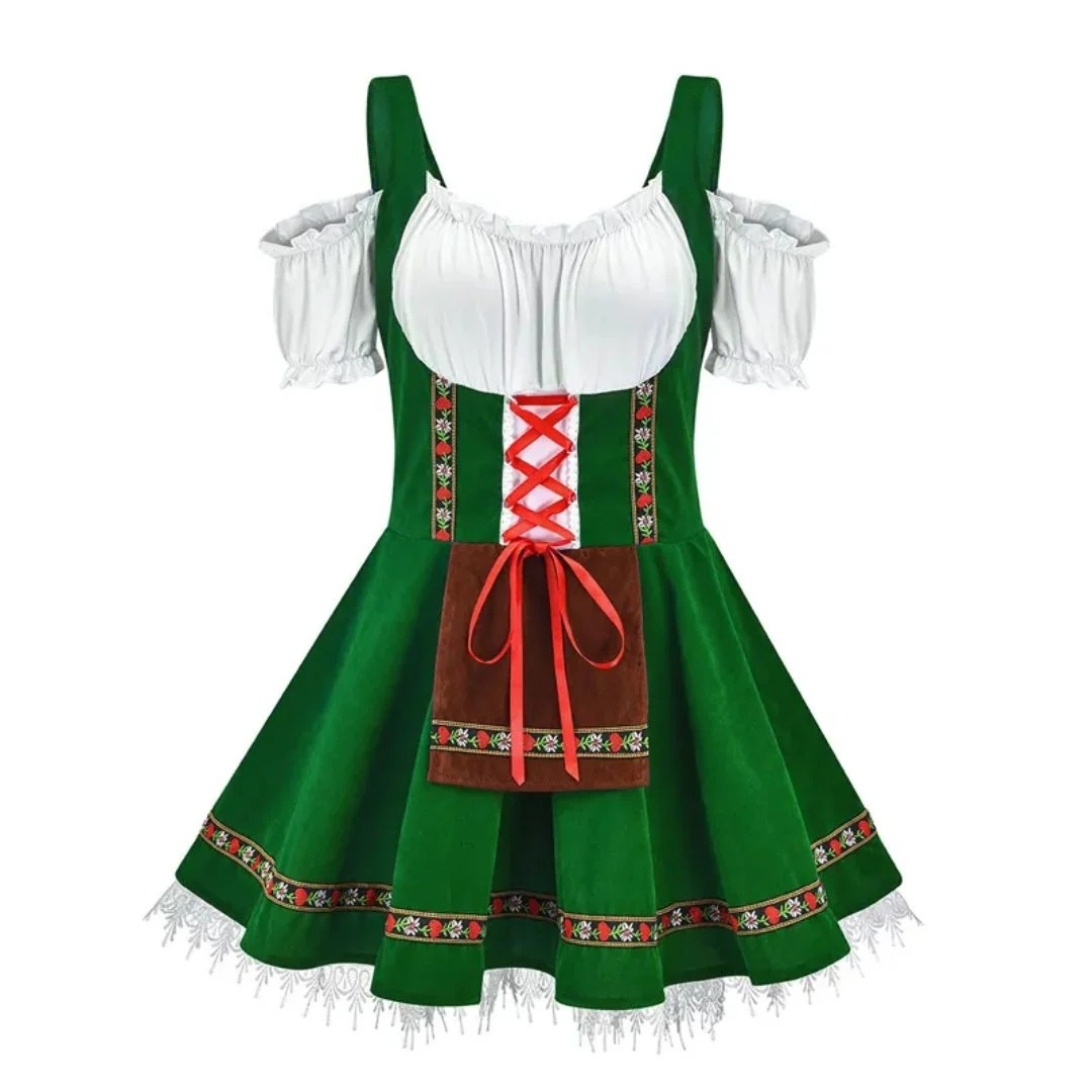 Version verte de la robe dirndl, avec corsage lacé de rouge, tablier marron et rubans brodés 3
