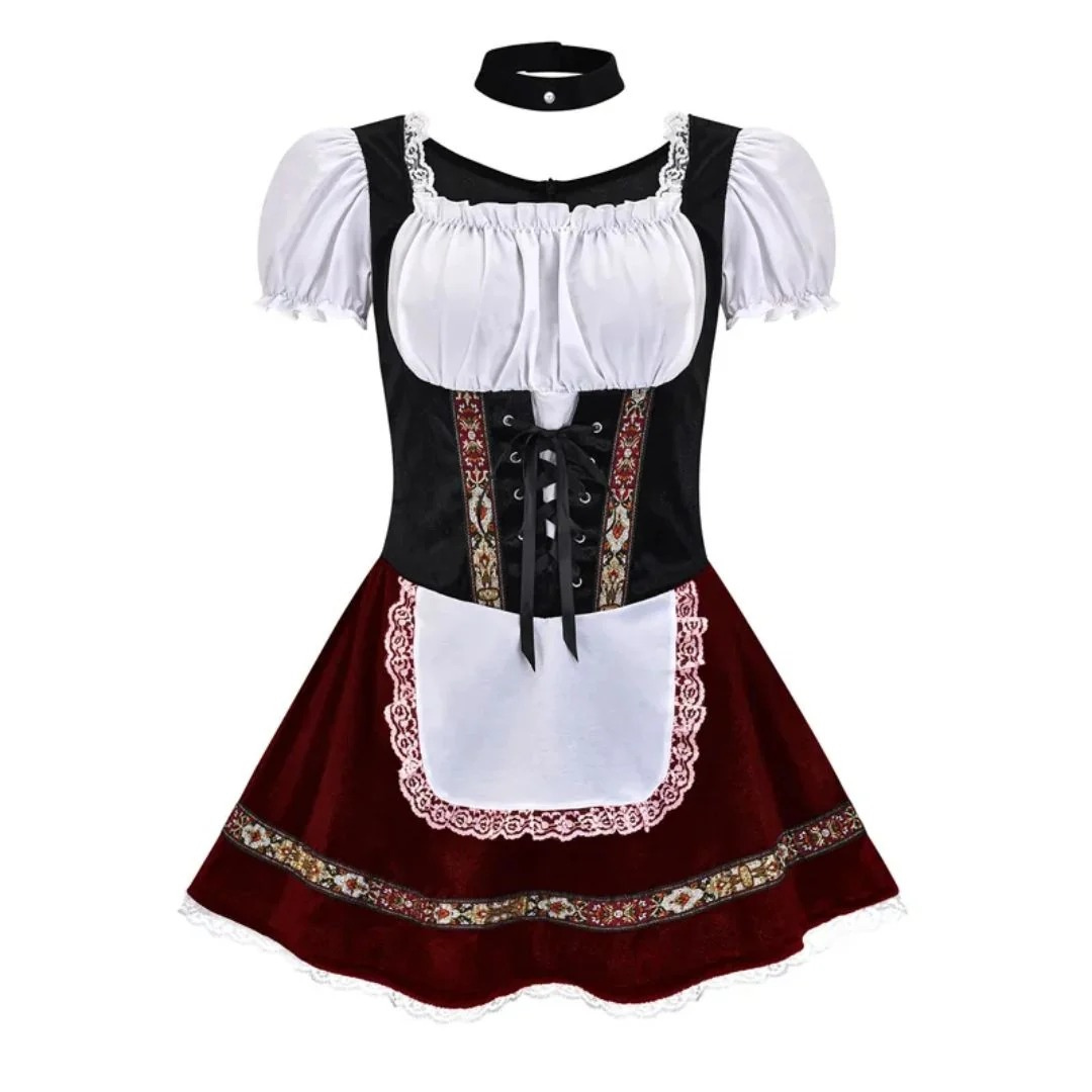 Robe dirndl au corsage noir et jupe bordeaux, avec tablier blanc en dentelle et collier ras-du-cou 6