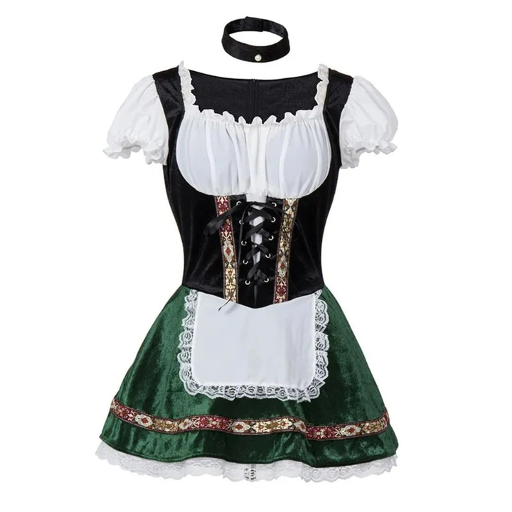 Robe dirndl au corsage noir et jupe vert foncé, avec tablier blanc en dentelle et collier assorti 7