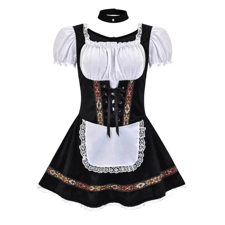 Robe dirndl entièrement noire, avec tablier blanc bordé de dentelle, corsage lacé et collier ras-du-cou noir 8