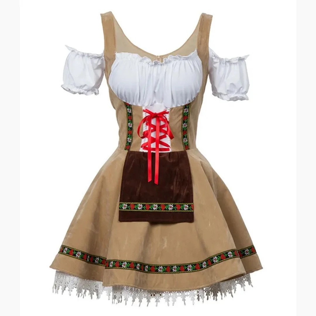 Robe dirndl beige en velours avec petit tablier marron, lacet rouge et dentelle blanche au bas 1