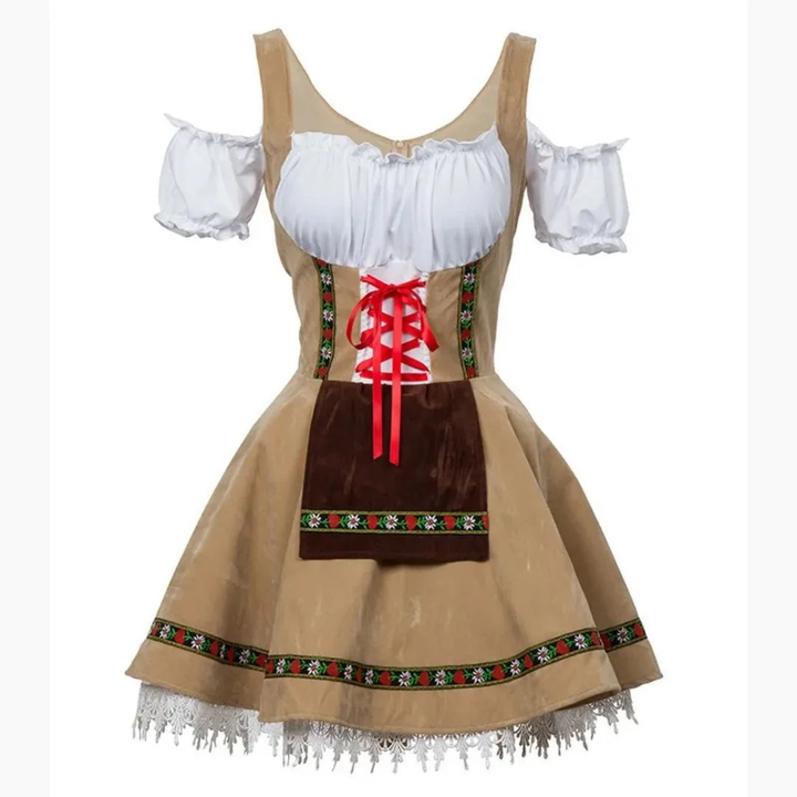 Robe dirndl beige en velours avec petit tablier marron, lacet rouge et dentelle blanche au bas 1