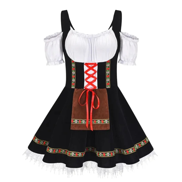 Version noire de la robe dirndl, avec épaules dénudées, lacet rouge, tablier marron et galons fleuris 5