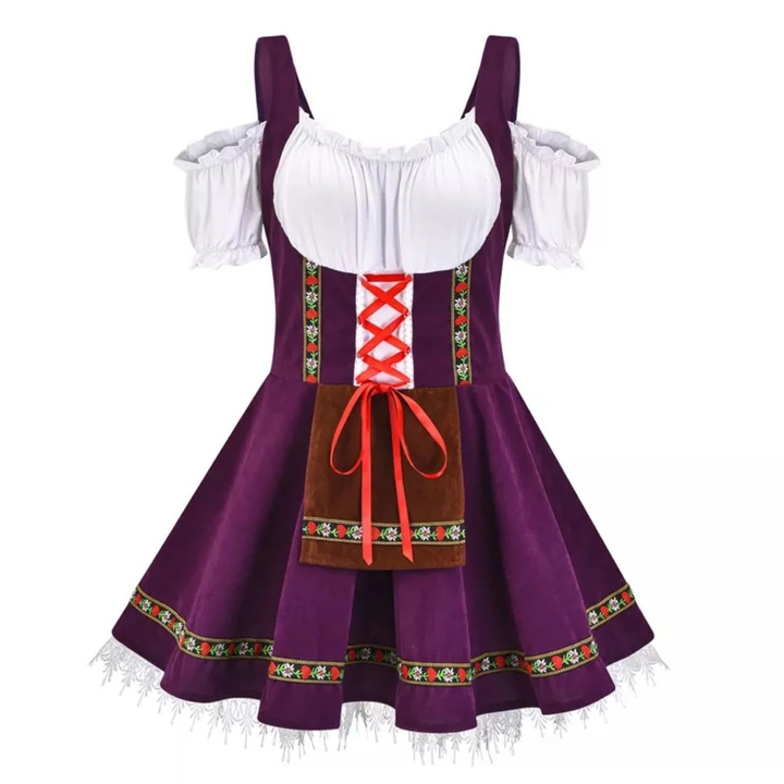 Version violette de la robe dirndl, avec manches bouffantes blanches, lacet rouge et tablier marron 4