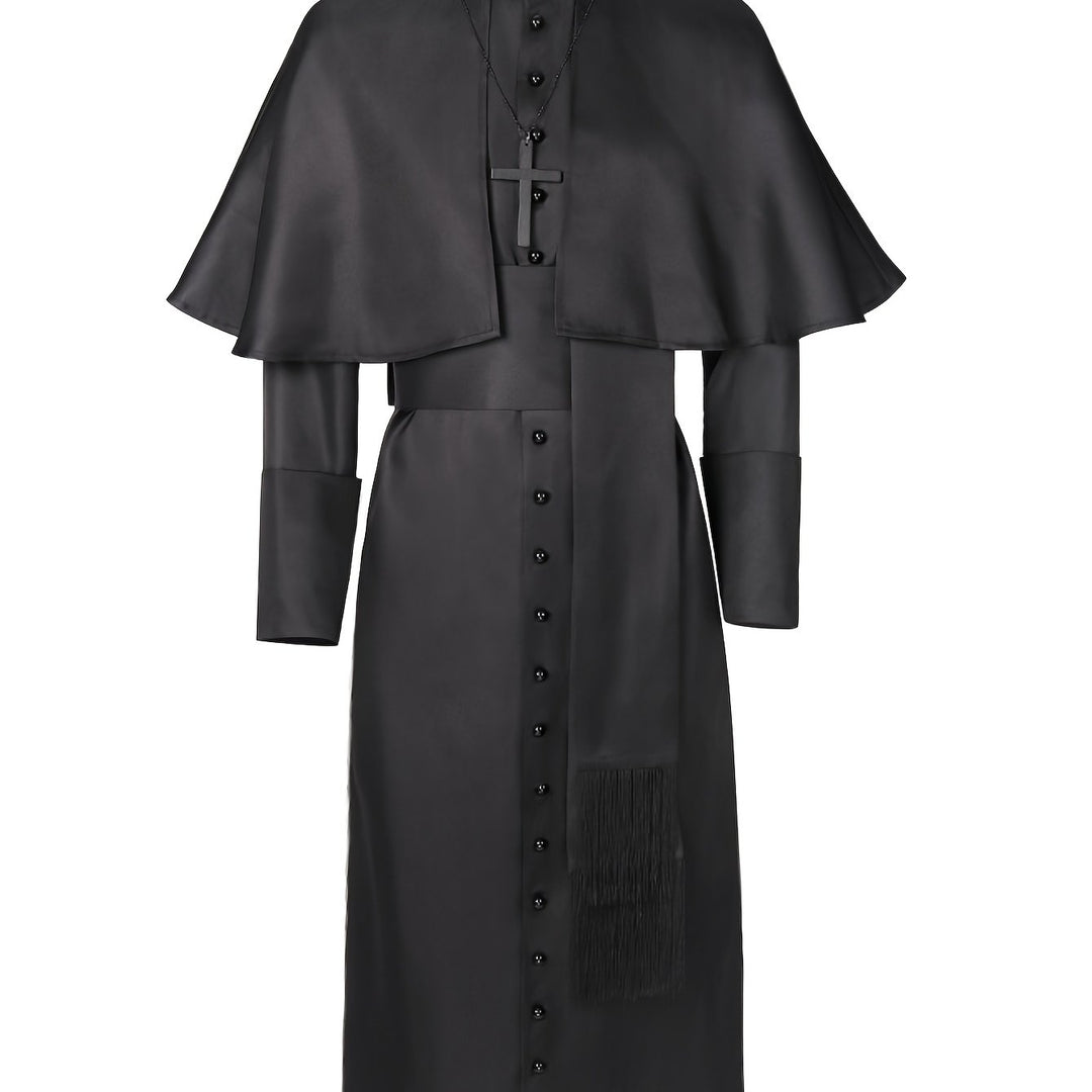 Costume noir vu de face sur fond clair, avec cape, croix en pendentif, ceinture à franges et boutons ronds 6