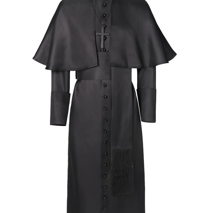 Costume noir vu de face sur fond clair, avec cape, croix en pendentif, ceinture à franges et boutons ronds 6