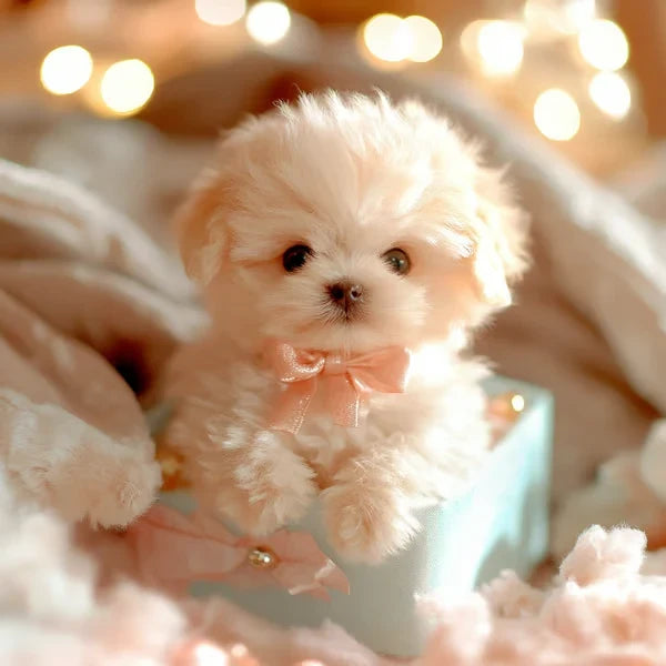Chiot en peluche crème avec un nœud rose au cou, installé dans une boîte bleu clair sur des plaids doux. 5