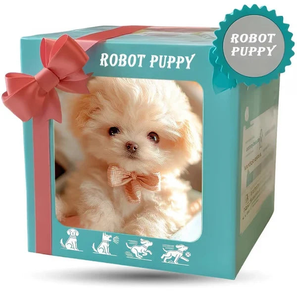 Emballage cadeau bleu turquoise à ruban rose avec fenêtre transparente montrant un chiot en peluche crème portant un nœud orange. 8