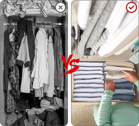 Comparaison avant-après : à gauche une armoire en désordre en noir et blanc, à droite des vêtements pliés bien rangés dans des bacs compartimentés. 2