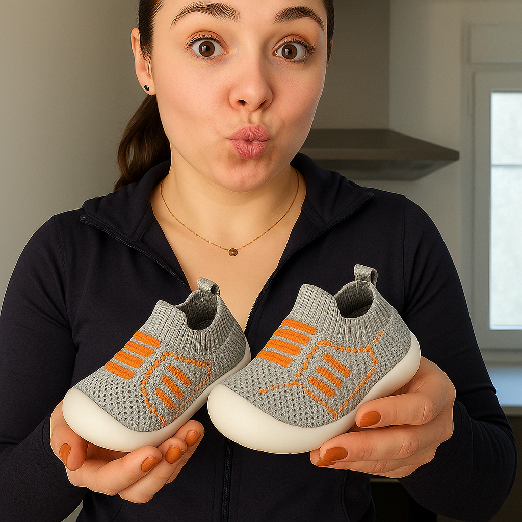 Femme surprise tenant dans ses mains une paire de petites chaussures en maille grise à rayures orange et semelle blanche souple. 2