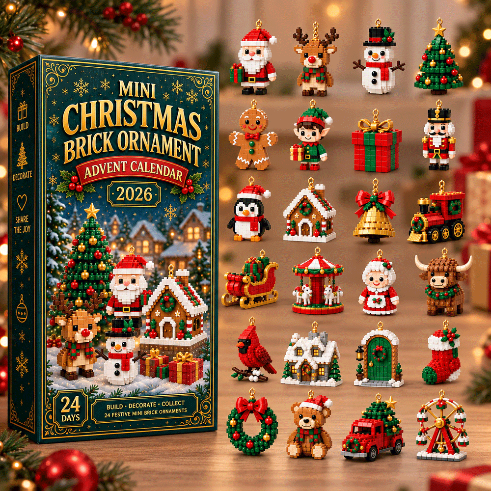 Boĩte du calendrier de l'Avent et les 24 figurines en briques disposĂ©es en grille sur une table en bois, dĂ©cor de NoĂ«l flou. 2