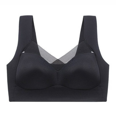 Soutien-gorge noir seul sur fond blanc, vue de face avec larges bretelles et empiècement en résille au décolleté. 12