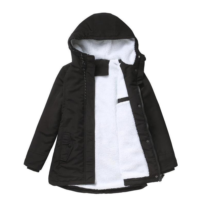 Parka noire à plat, ouverte, avec doublure polaire blanche et capuche relevée 4