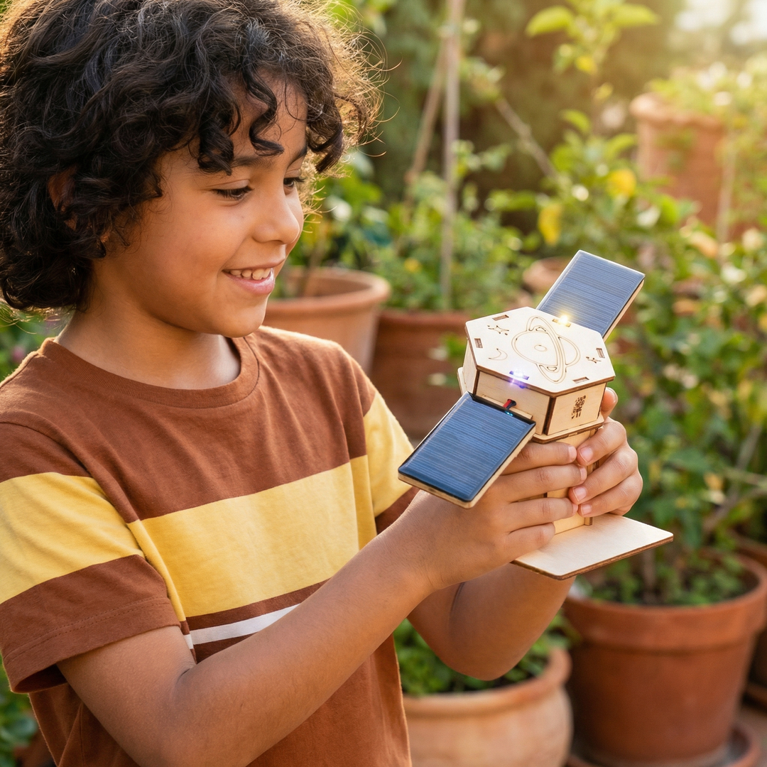 Enfant souriant qui tient dans ses mains un satellite en bois à deux panneaux solaires, avec des petites lumières allumées. 4