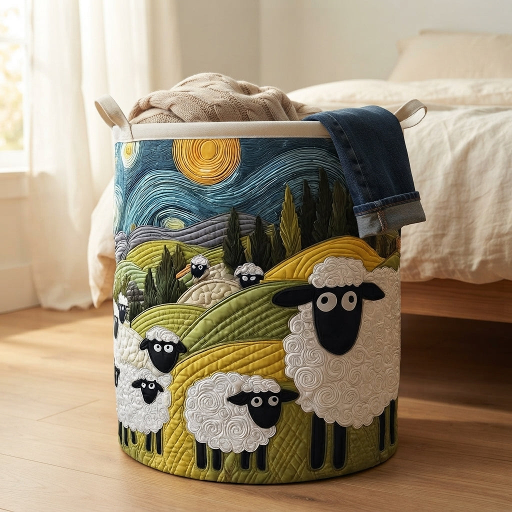 Panier à moutons posé au pied d'un lit, avec un plaid beige et un jean qui dépassent. 5