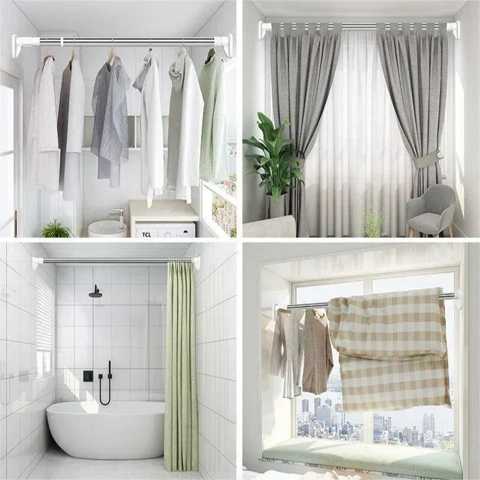 Quatre exemples d'utilisation de la tringle : penderie de vêtements, rideaux de salon, rideau de douche et séchage de linge devant une fenêtre. 2