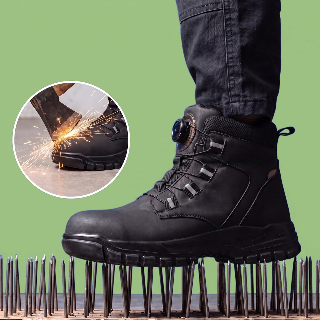Botte noire portée avec pantalon sombre, debout sur des clous, avec un encart d'une hache frappant l'embout 3