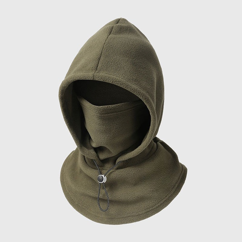 Cagoule en polaire vert olive vue de face, avec cordon de serrage noir et blanc 8