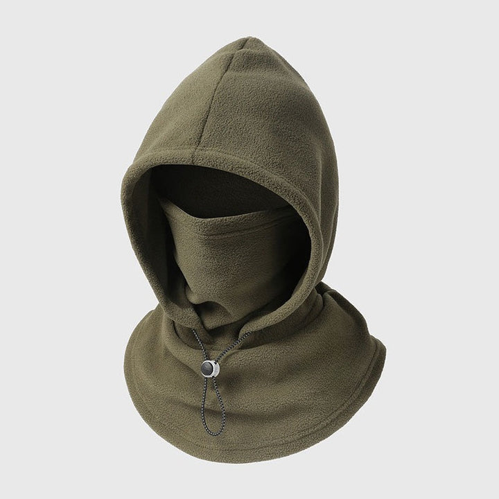 Cagoule en polaire vert olive vue de face, avec cordon de serrage noir et blanc 8