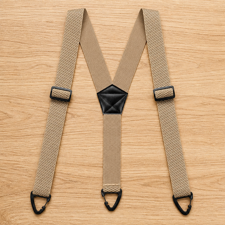 Bretelles beige sable en Y avec pièce centrale noire, boucles de réglage noires et trois crochets triangulaires. 15