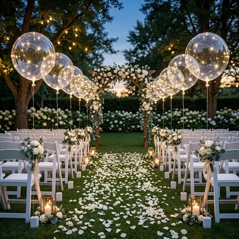 Ballons lumineux alignés le long d'une allée de cérémonie en plein air jonchée de pétales blancs 6