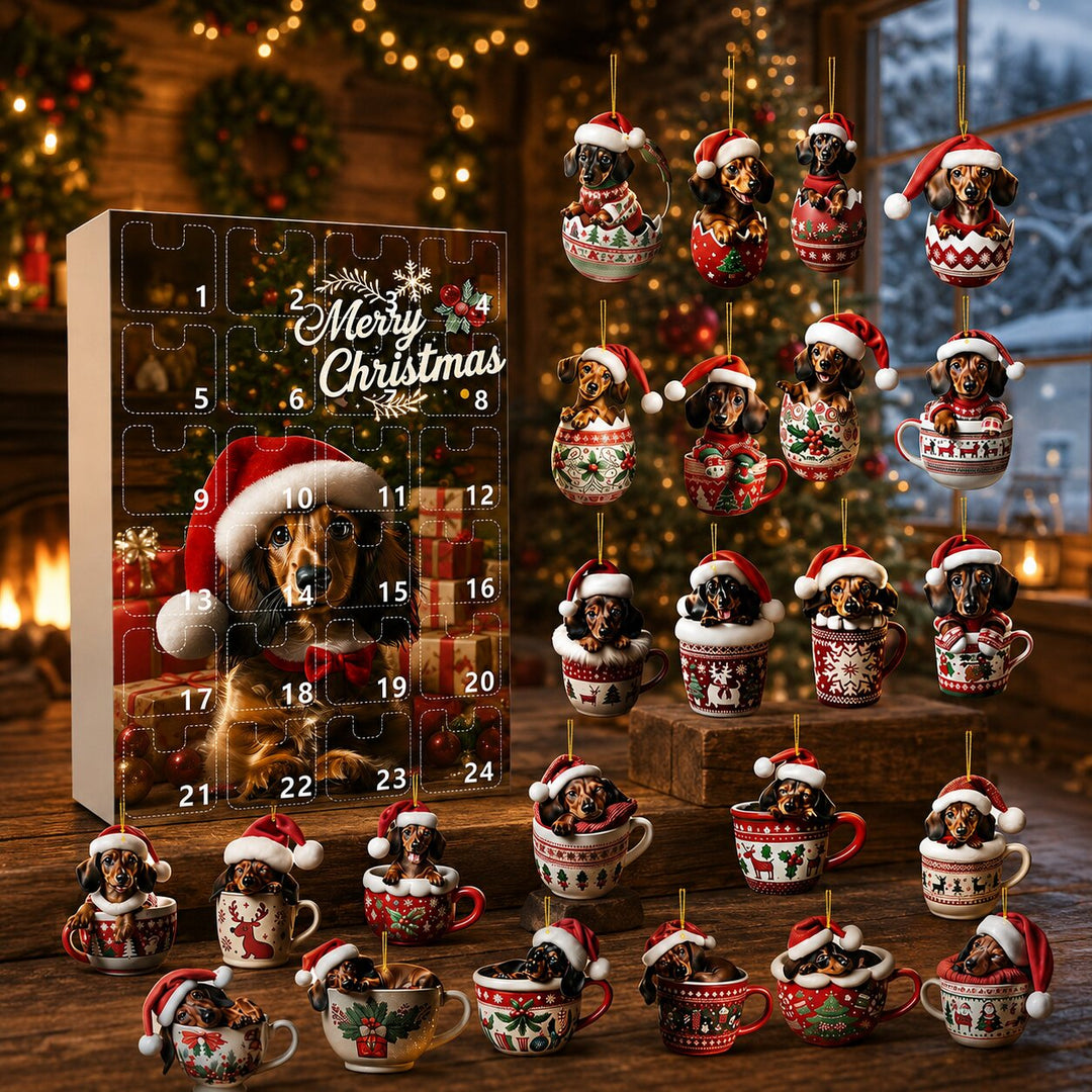 Calendrier posé sur une table en bois dans un chalet de Noël, entouré des décorations de teckels en tasses et en œufs. 7