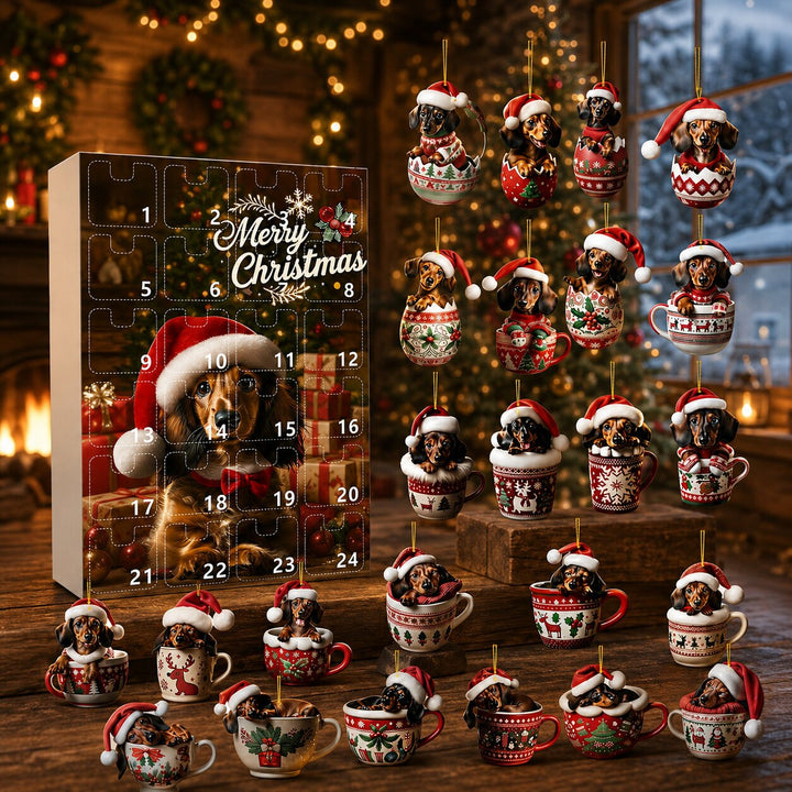 Calendrier posé sur une table en bois dans un chalet de Noël, entouré des décorations de teckels en tasses et en œufs. 7