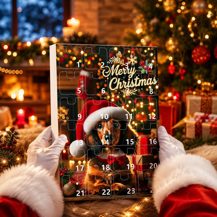 Calendrier tenu par des mains gantées de blanc et des manches de Père Noël, devant un décor de Noël chaleureux et illuminé. 5