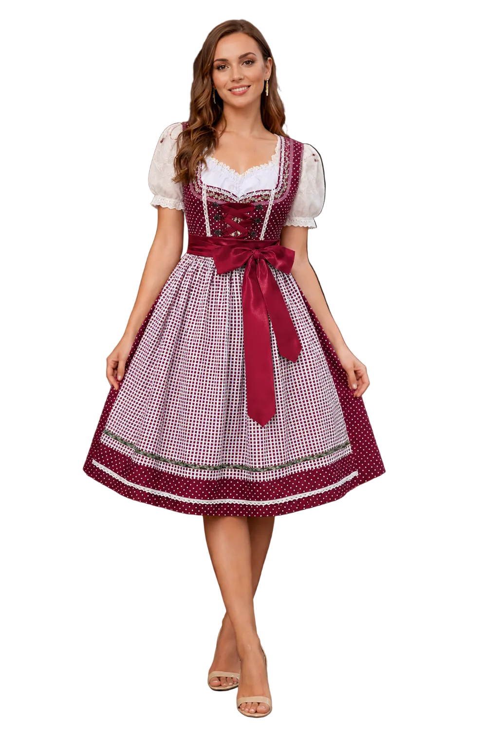 Vue de face d'une femme portant une robe dirndl bordeaux à pois, avec corsage lacé, blouse blanche à manches bouffantes et tablier à carreaux noué. 1