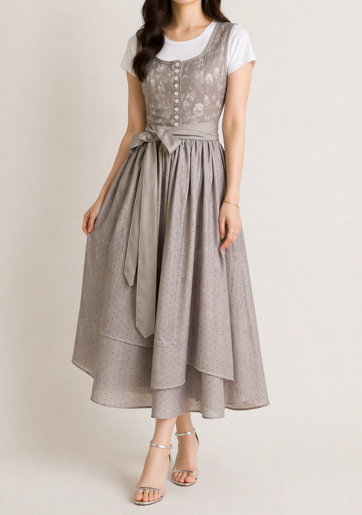 Robe dirndl grise portée par une mannequin, vue de face en pied, avec jupe ample à pois, ceinture nouée et sandales argentées. 2