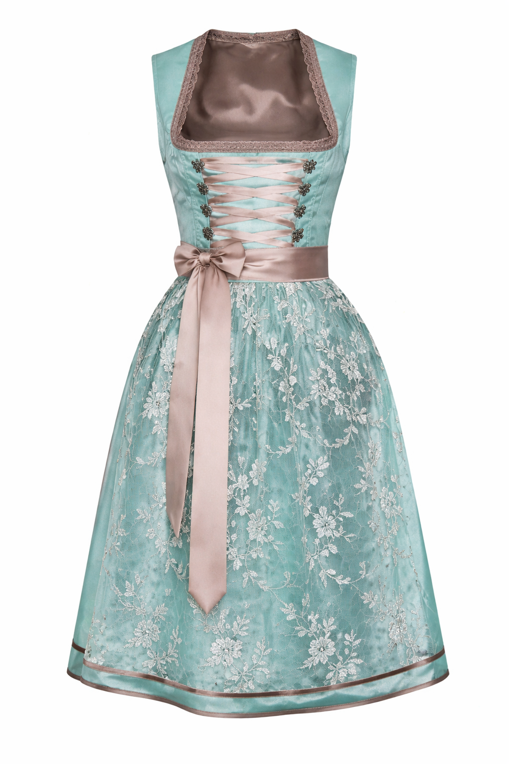 Dirndl vert d'eau vu de face, avec lacet satiné taupe, boutons métalliques, jupe en dentelle claire et nœud à longs pans. 2