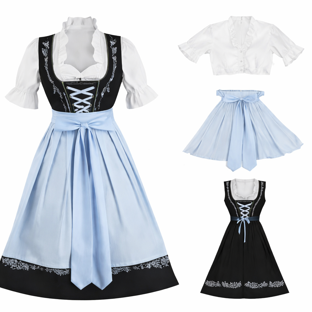 Ensemble complet à gauche, et à droite les trois pièces séparées : blouse blanche courte, tablier bleu clair et robe noire à laçage. 3