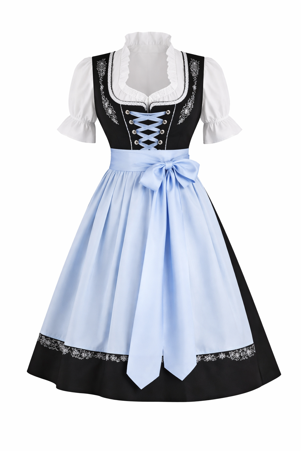 Vue de face à plat du dirndl noir brodé aux motifs floraux, laçage bleu, blouse blanche à volants et tablier bleu à nœud. 4