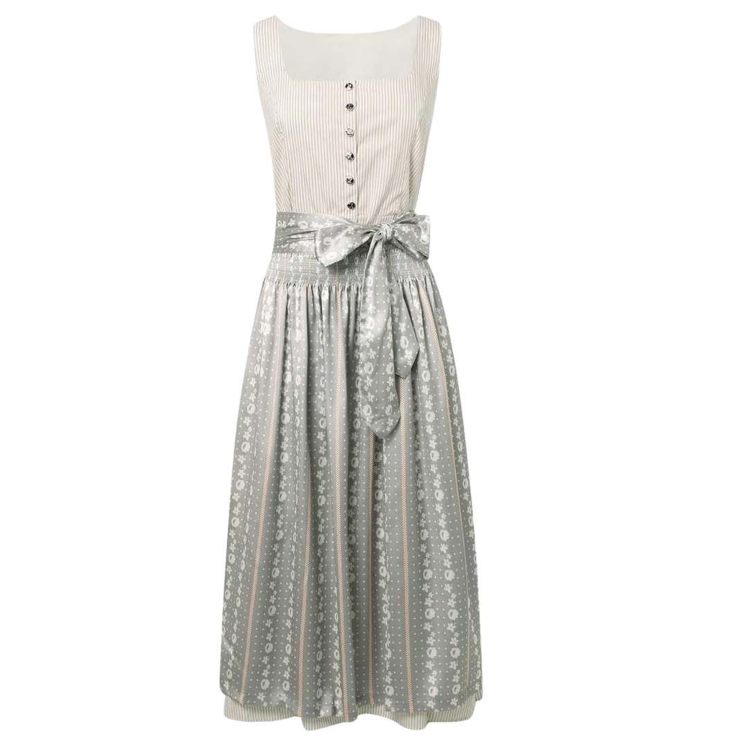Dirndl présenté seul sur fond blanc : corsage rayé à boutons métalliques, tablier gris à motifs floraux et grand nœud devant. 1