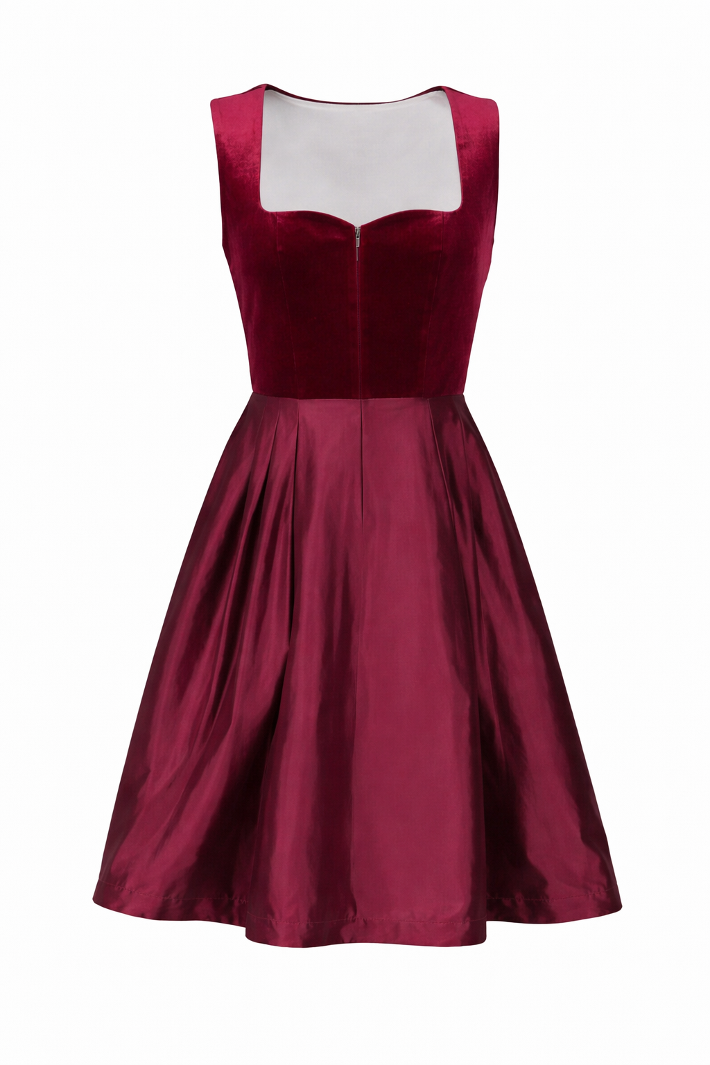 Robe dirndl vue de face sans le tablier, corsage en velours zippé et jupe évasée plissée à l'aspect satiné. 4