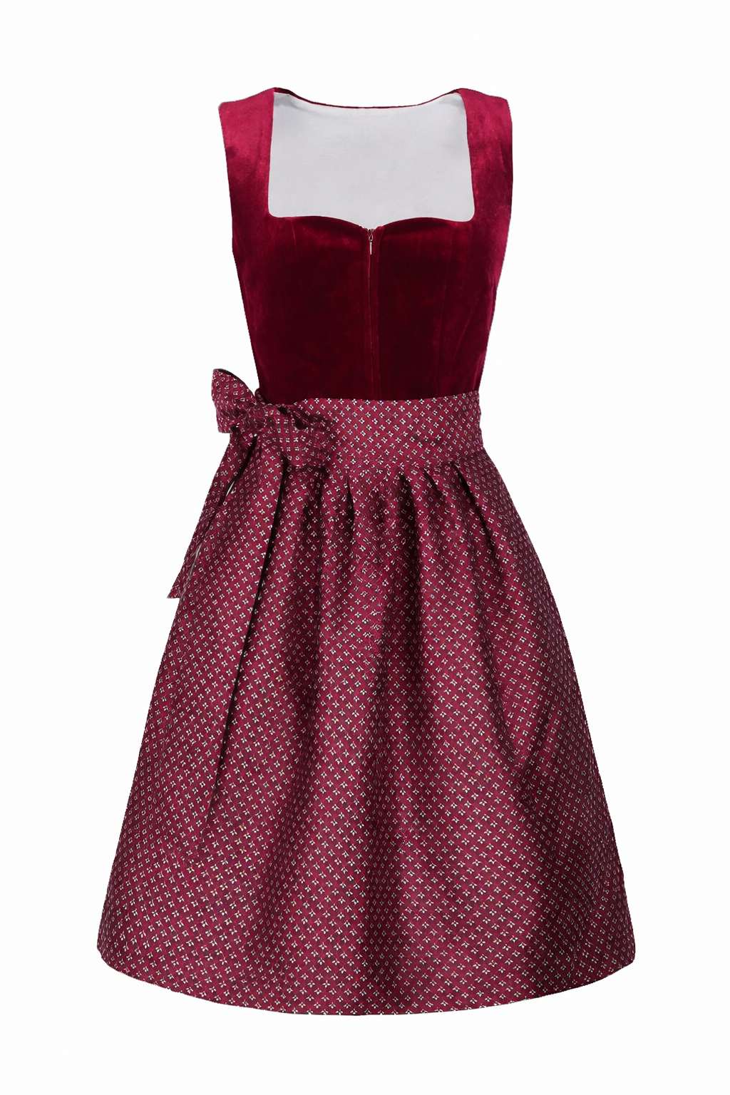 Dirndl bordeaux vu de face, corsage en velours à encolure carrée et tablier à motifs noué en nœud sur le côté. 1