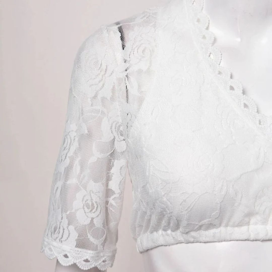 Gros plan sur un mannequin : détail de la dentelle à motifs de roses, de la manche et de la bordure festonnée. 4