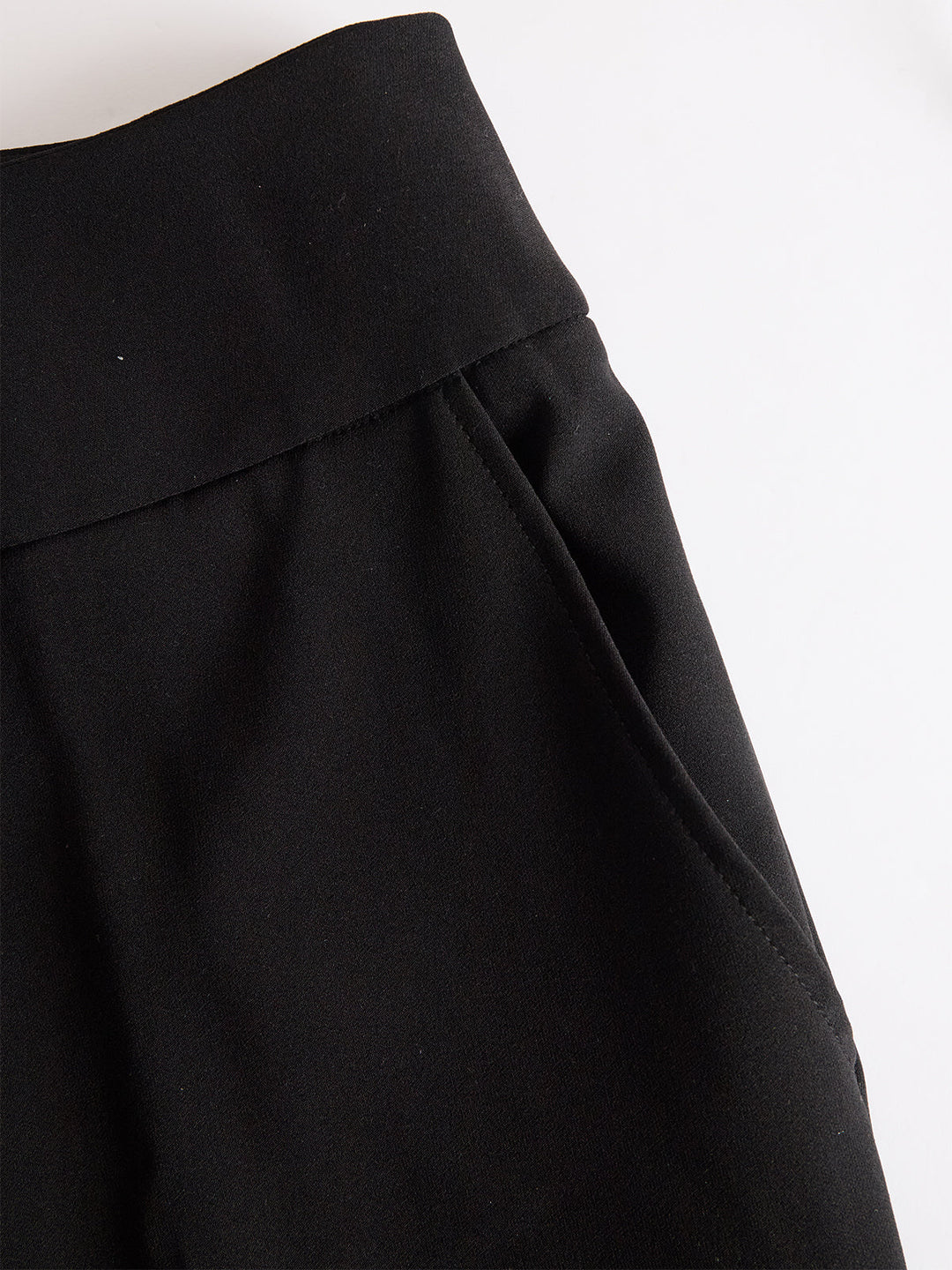 Gros plan à plat sur la ceinture large et la poche latérale du pantalon noir. 5