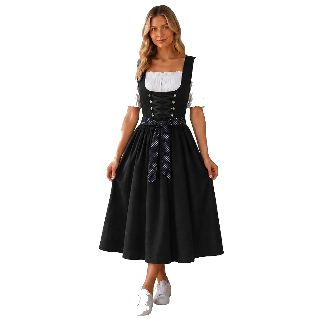 Femme en robe noire à corsage lacé, blouse blanche à manches bouffantes et ceinture à pois, sur fond blanc uni. 1