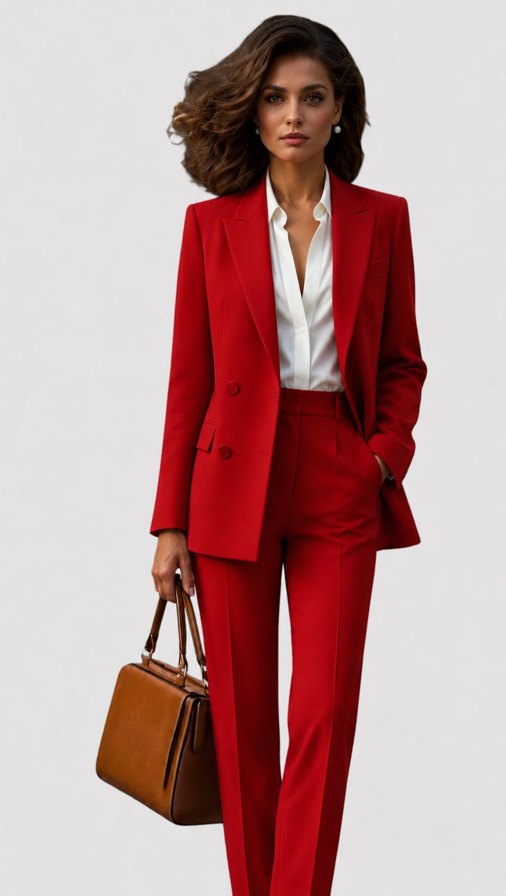 Femme en ensemble rouge vif, blazer croisé à deux rangées de boutons sur chemisier blanc, pantalon à pli, sac marron. 3