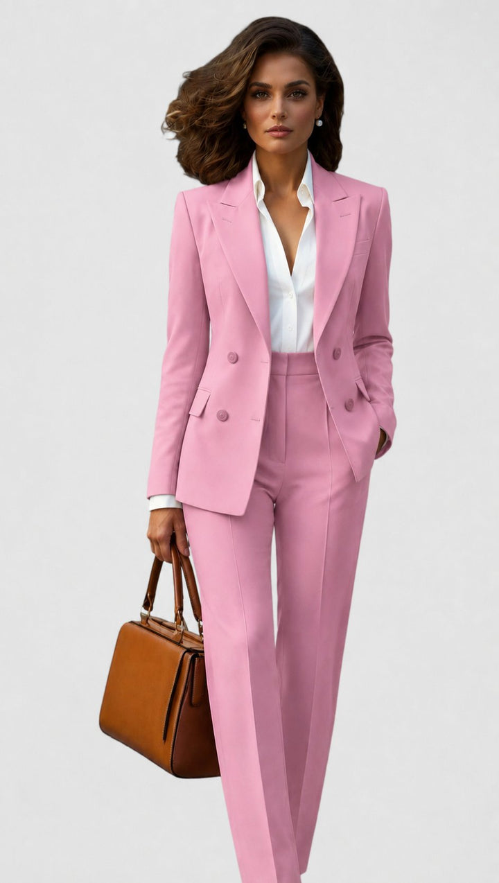 Femme en ensemble rose, blazer croisé à boutons assortis sur chemisier blanc, pantalon taille haute à pli, sac marron. 5